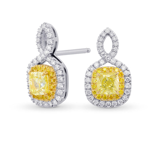 Fancy Yellow Cushion Double Halo Diamond Earrings