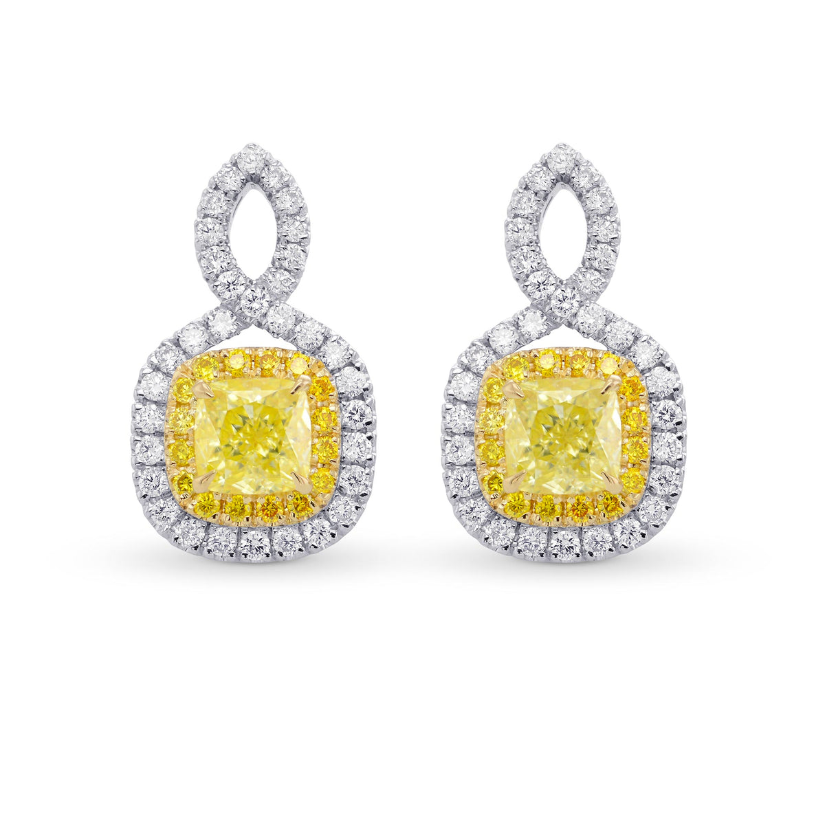 Fancy Yellow Cushion Double Halo Diamond Earrings