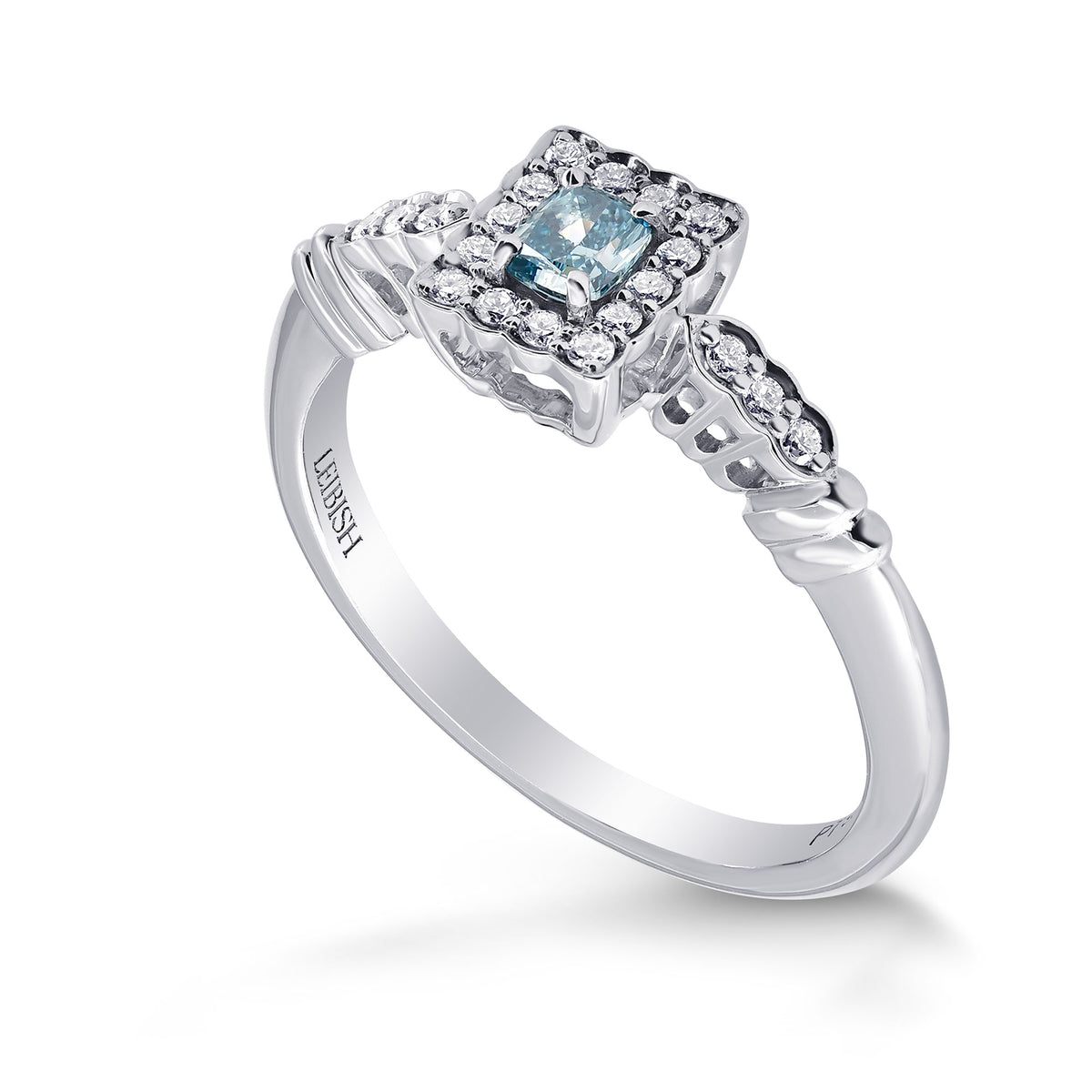 Fancy Vivid Green-Blue Cushion Halo Ring