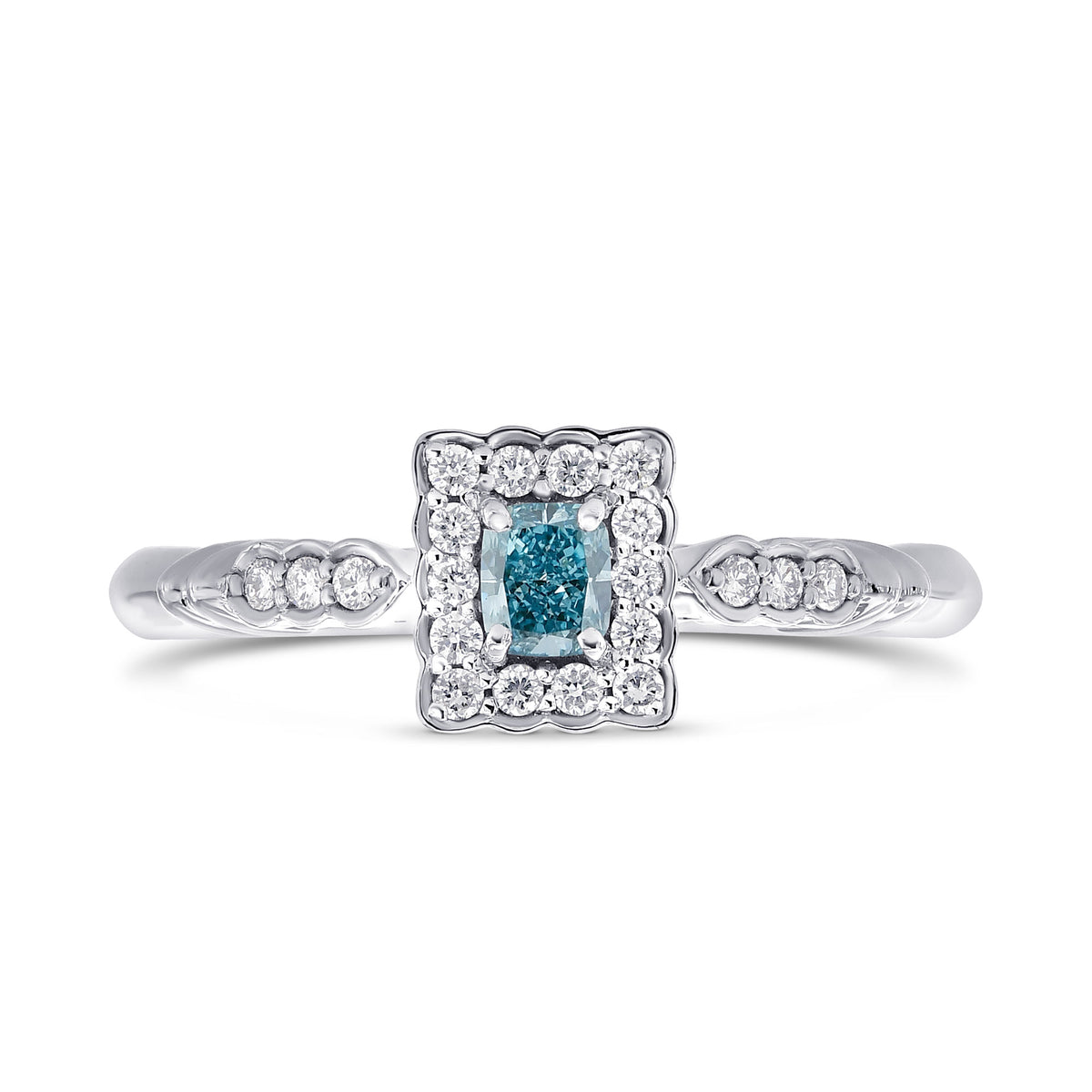 Fancy Vivid Green-Blue Cushion Halo Ring