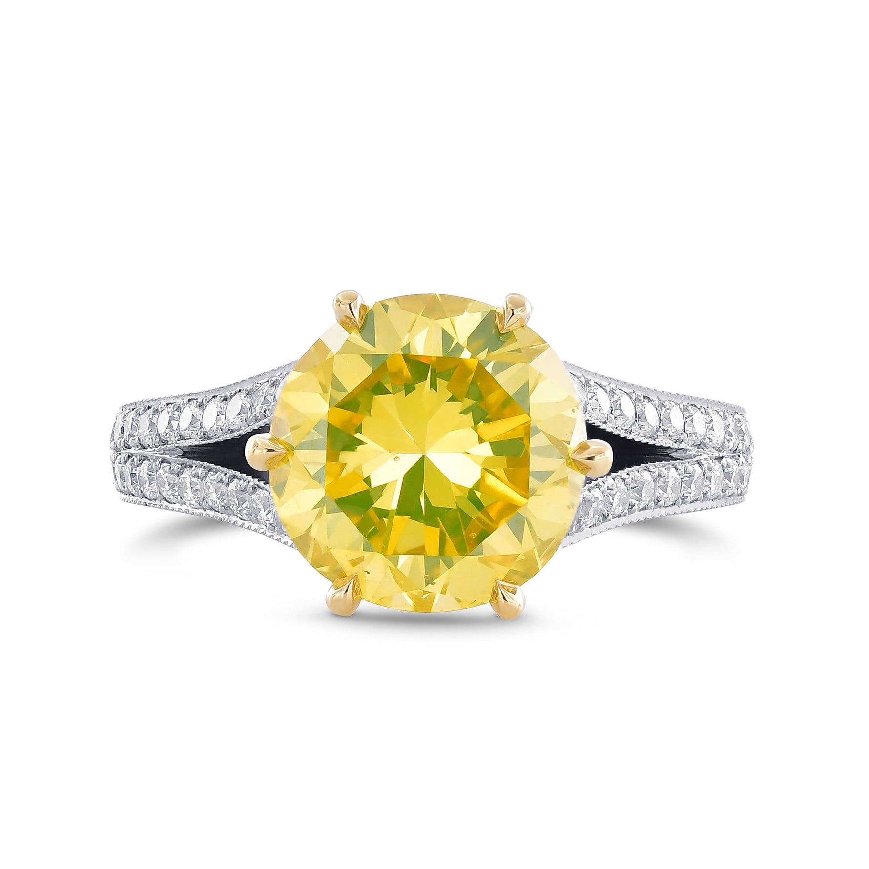 Fancy Intense Greenish Yellow Round Diamond Side Stone Ring