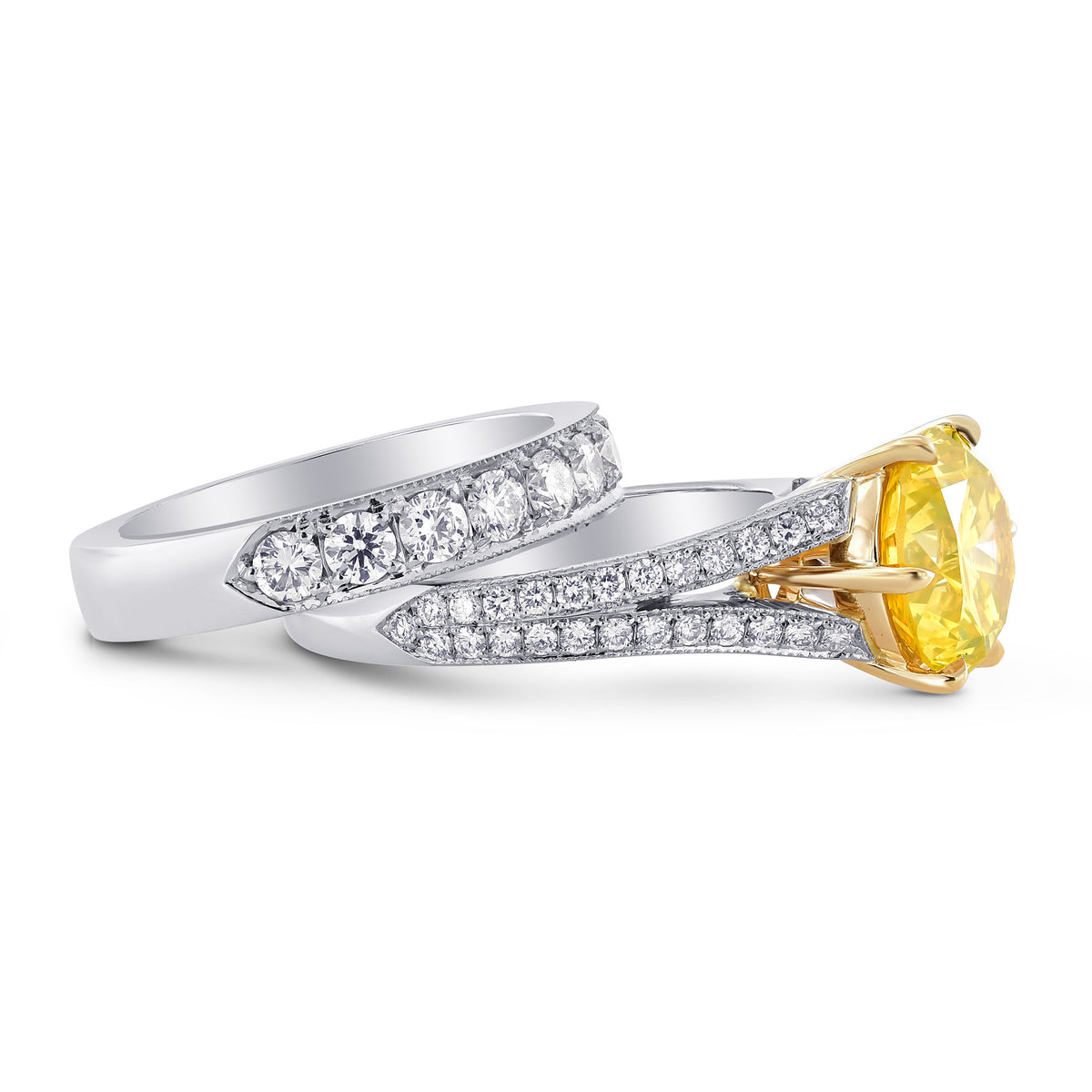 Fancy Intense Greenish Yellow Round Diamond Side Stone Ring