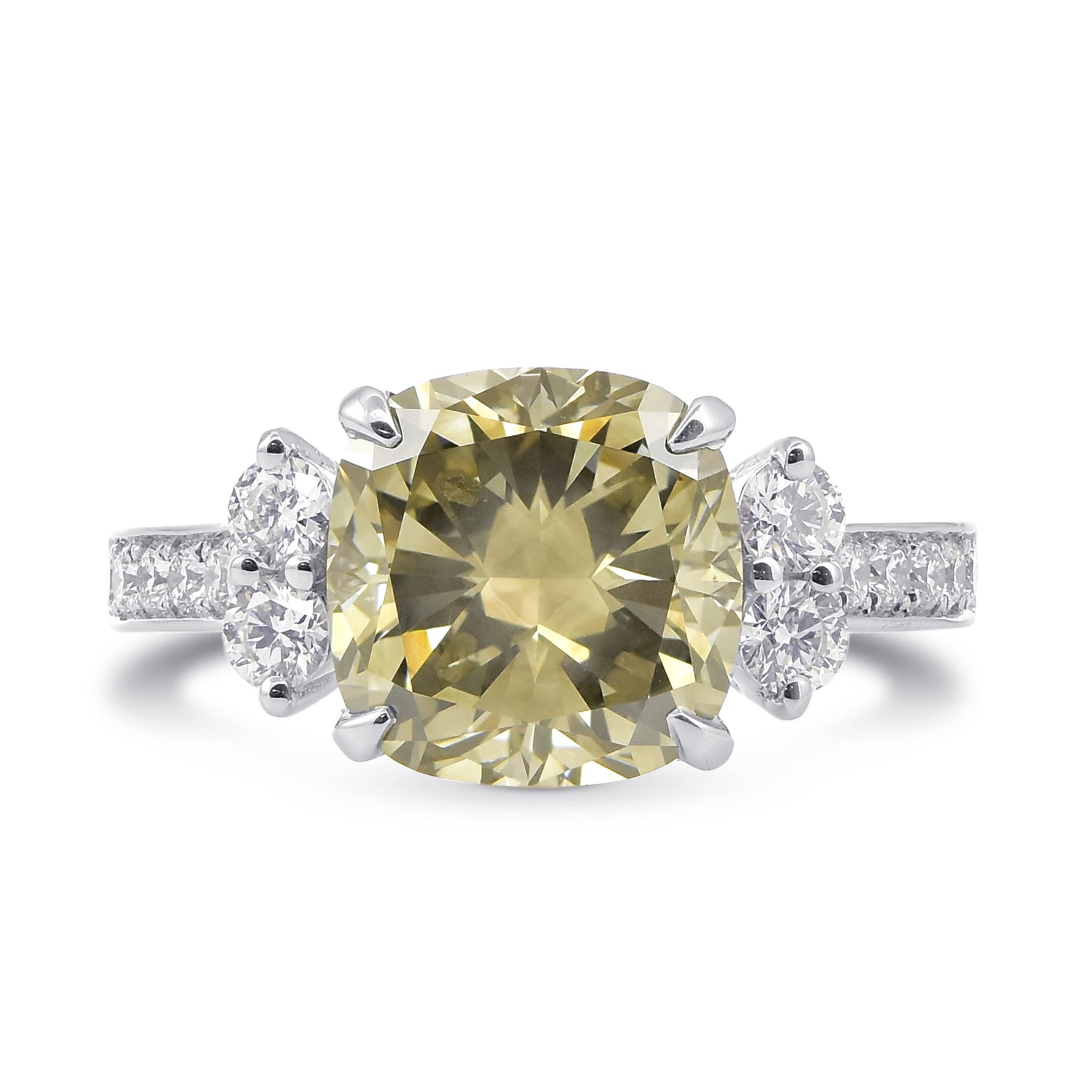 Fancy Gray Greenish Yellow Cushion, Solitaire Accent & Pave Diamond Ring