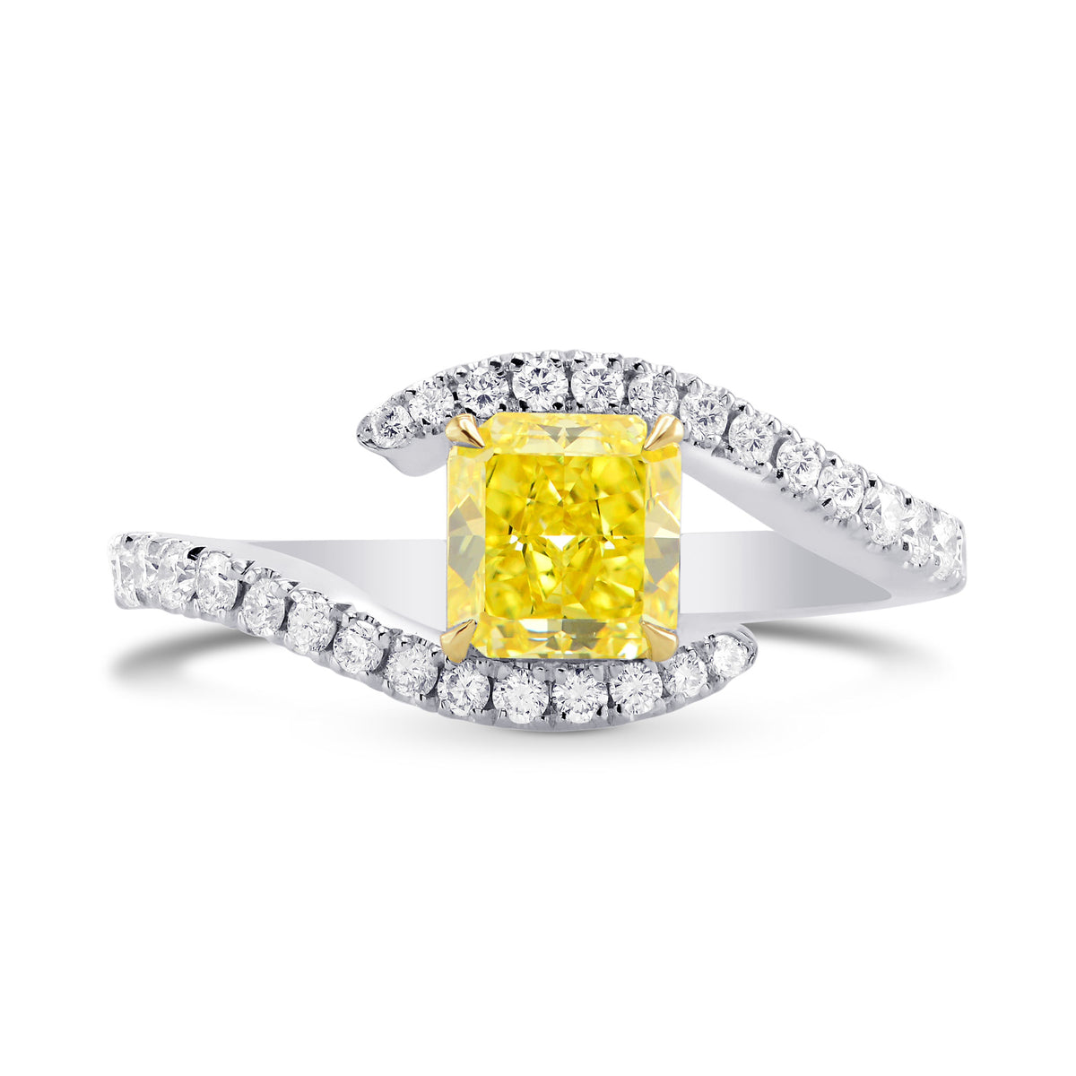 Fancy Intense Yellow Radiant, Cross-over Side-stone Diamond Ring