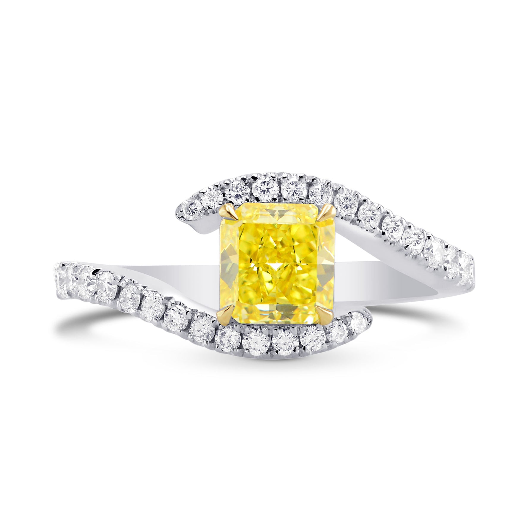 Fancy Intense Yellow Radiant, Cross-over Side-stone Diamond Ring