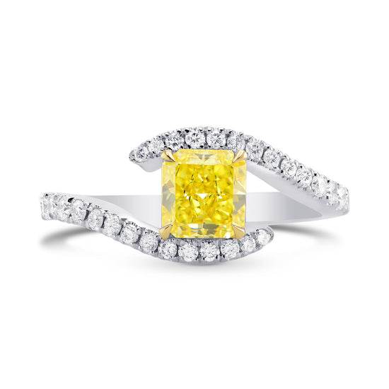 Fancy Intense Yellow Radiant, Cross-over Side-stone Diamond Ring