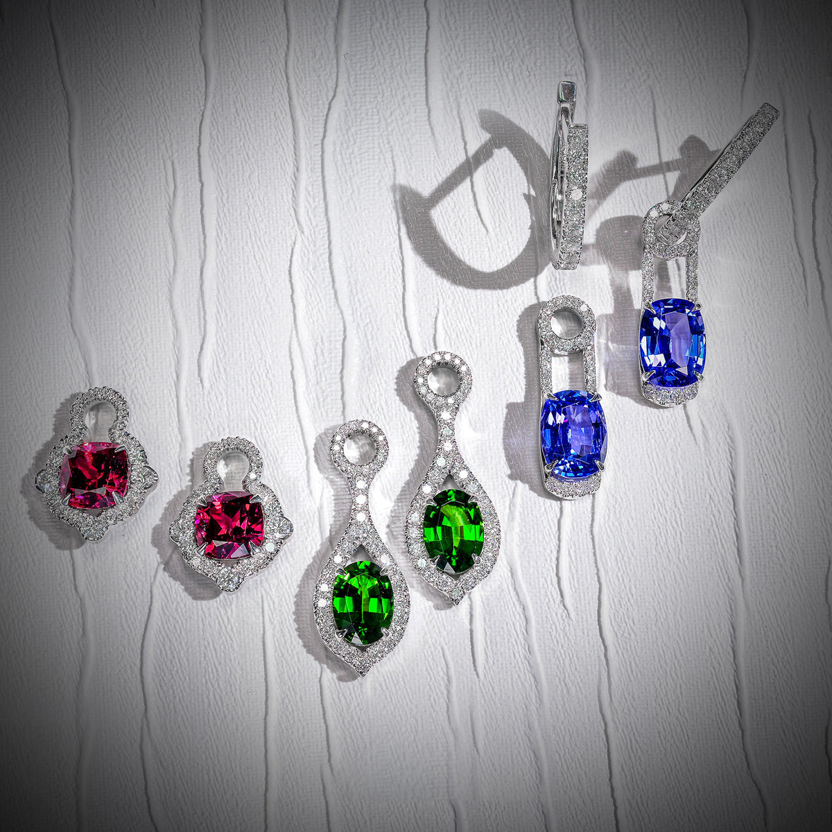   Mood Design Gemstones and Diamond Halo Drop Earrings