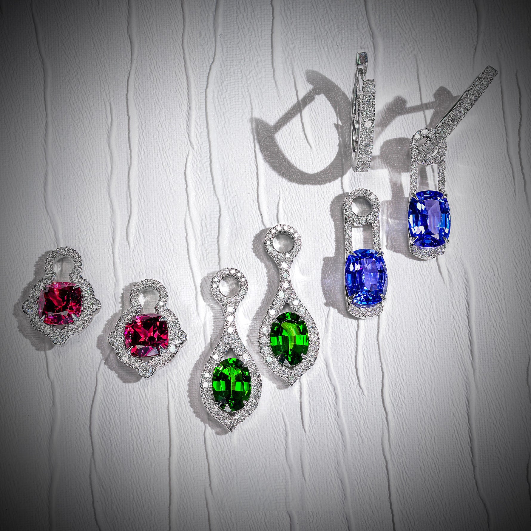   Mood Design Gemstones and Diamond Halo Drop Earrings