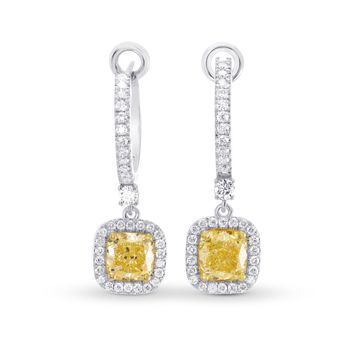 Yellow Diamond Cushion Drop Halo Earrings