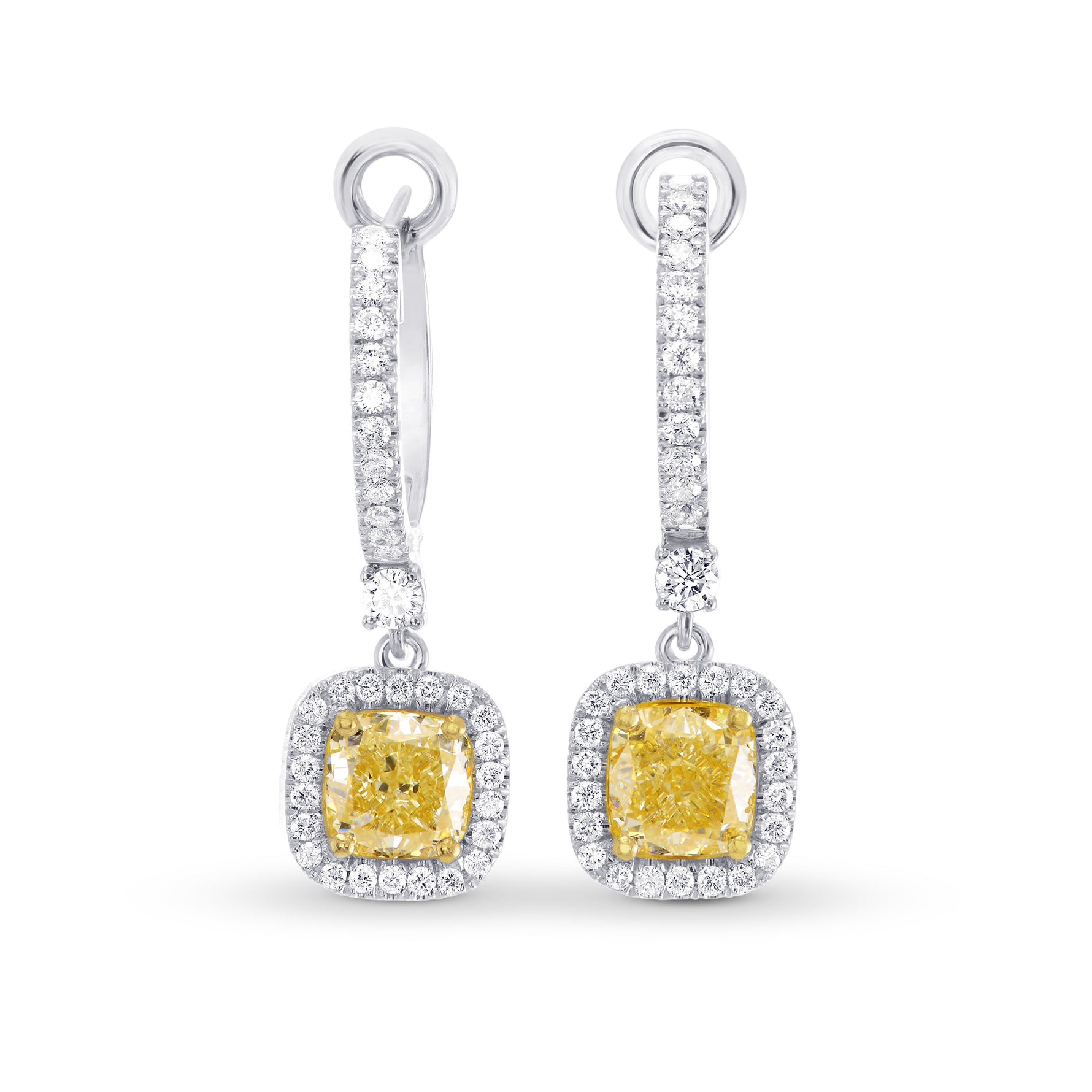 Yellow Diamond Cushion Drop Halo Earrings