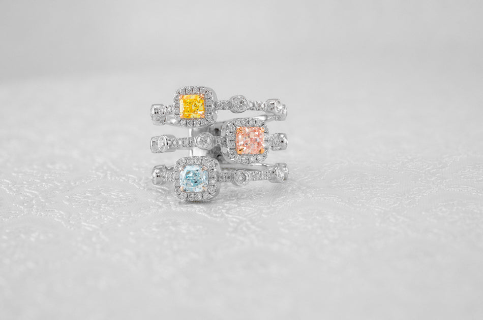 Extraordinary  MIx Color Three Stone  Diamond Ring