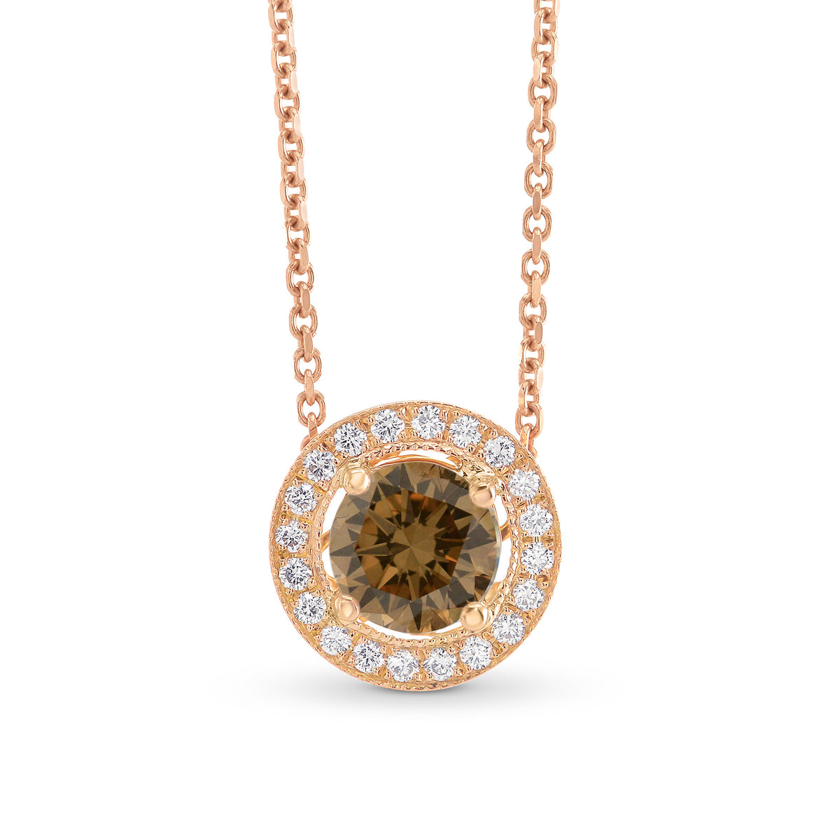 Fancy Deep Orangey Brown Round Brilliant Diamond Milgrain Halo Pendant