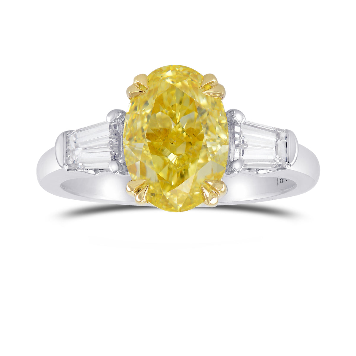 Fancy Intense Yellow Oval & Taper 3 Stone Diamond Ring 