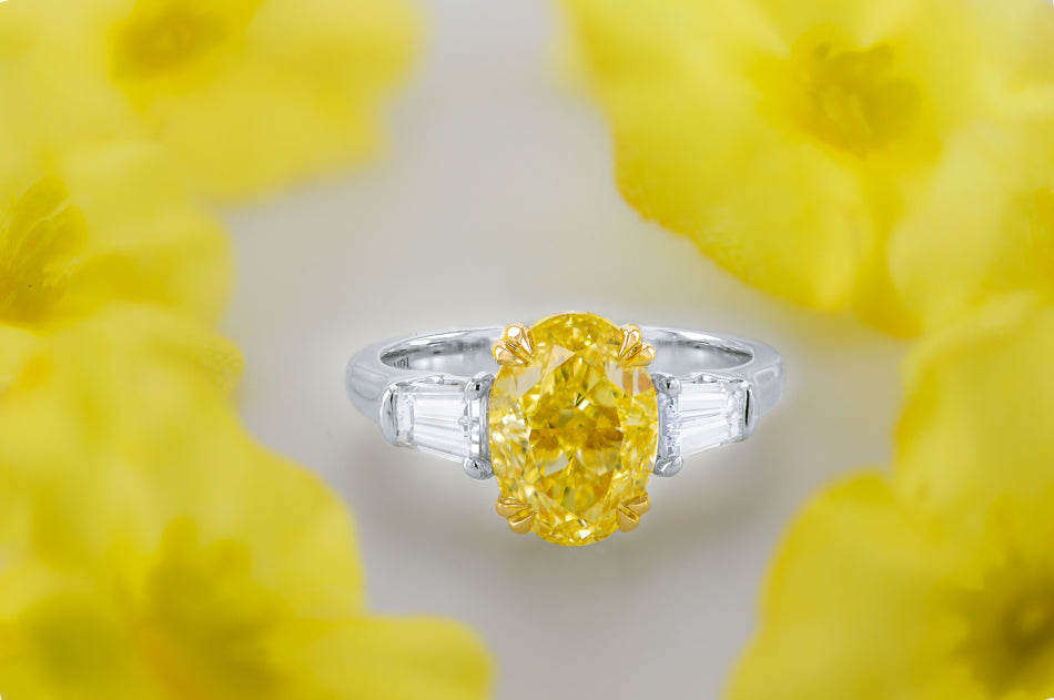 Fancy Intense Yellow Oval & Taper 3 Stone Diamond Ring 