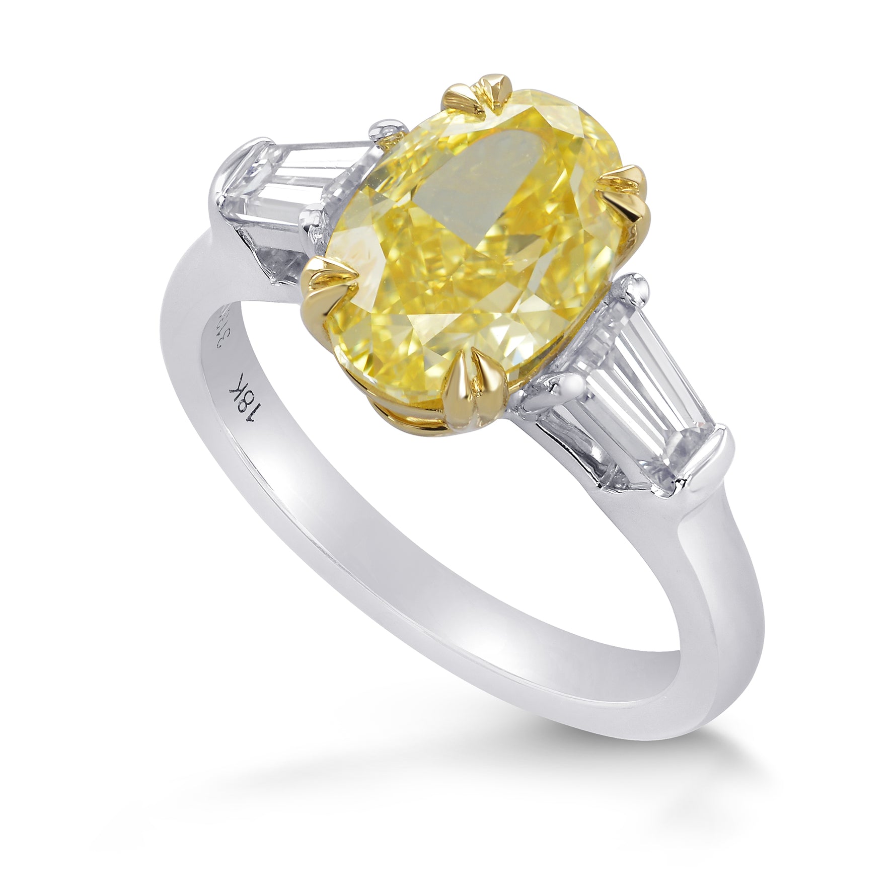 Fancy Intense Yellow Oval & Taper 3 Stone Diamond Ring 