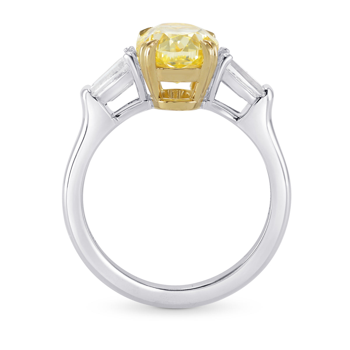 Fancy Intense Yellow Oval & Taper 3 Stone Diamond Ring 