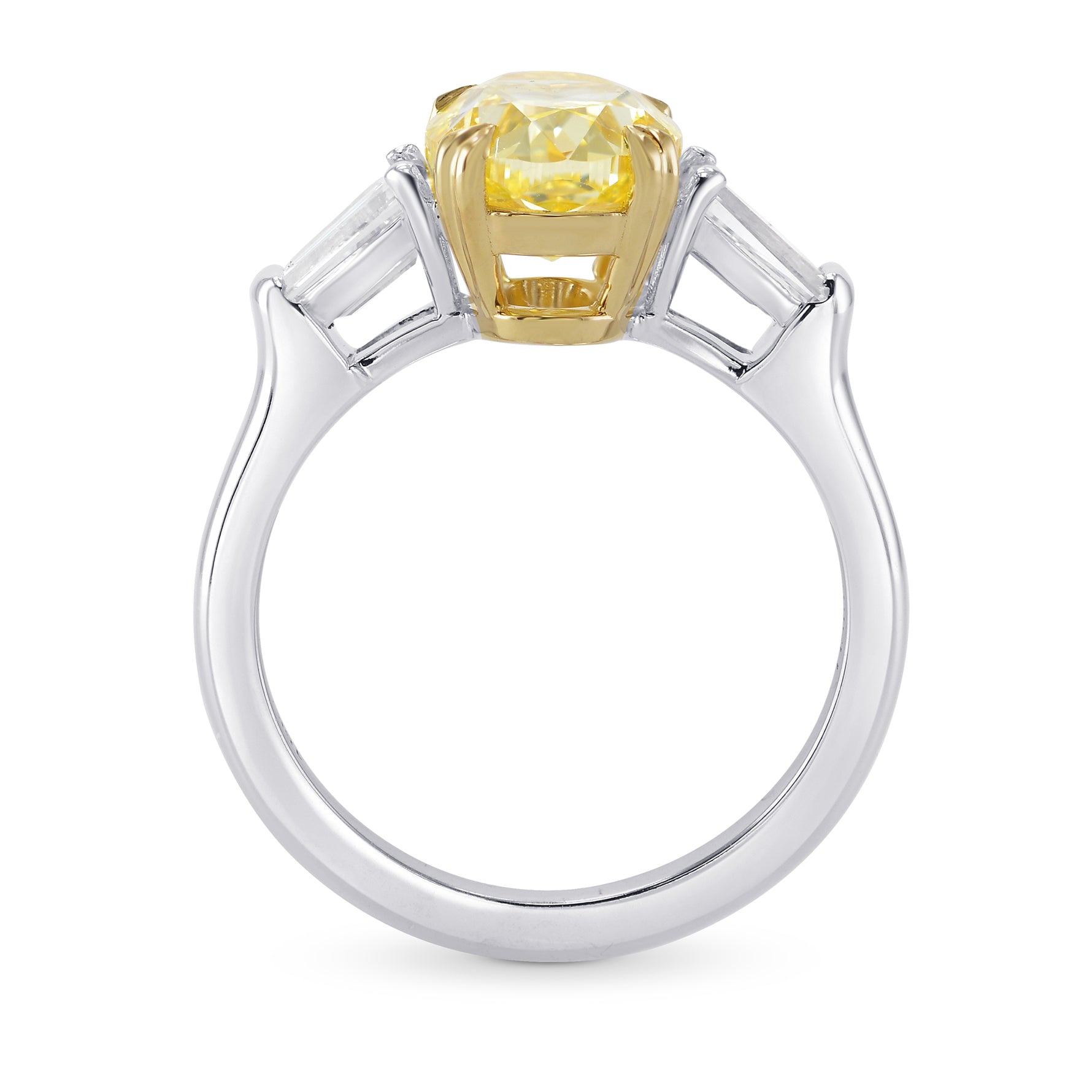 Fancy Intense Yellow Oval & Taper 3 Stone Diamond Ring 