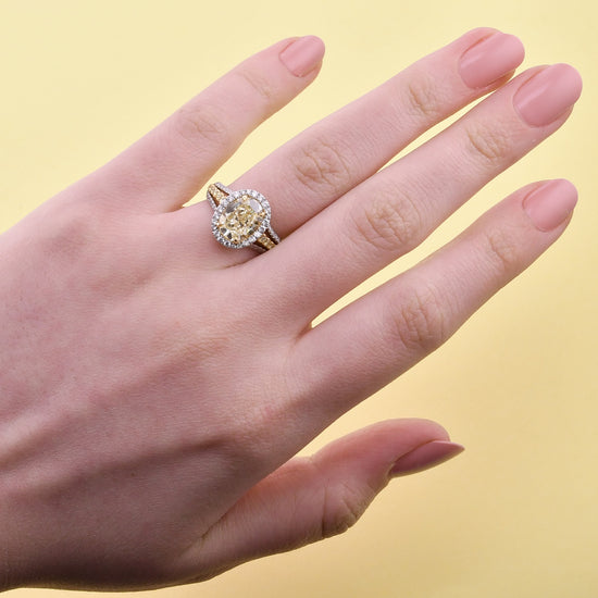 Fancy Light Yellow Oval Halo and Split Shank Ring