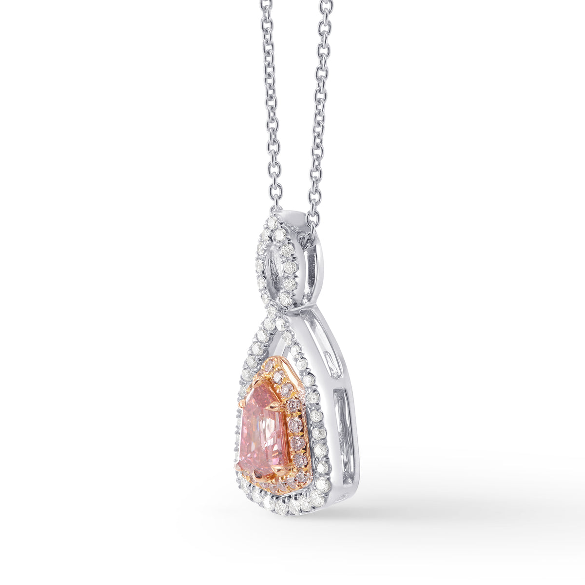 Fancy Intense Pink Kite Shape Diamond, Cross-over Double Halo Pendant 