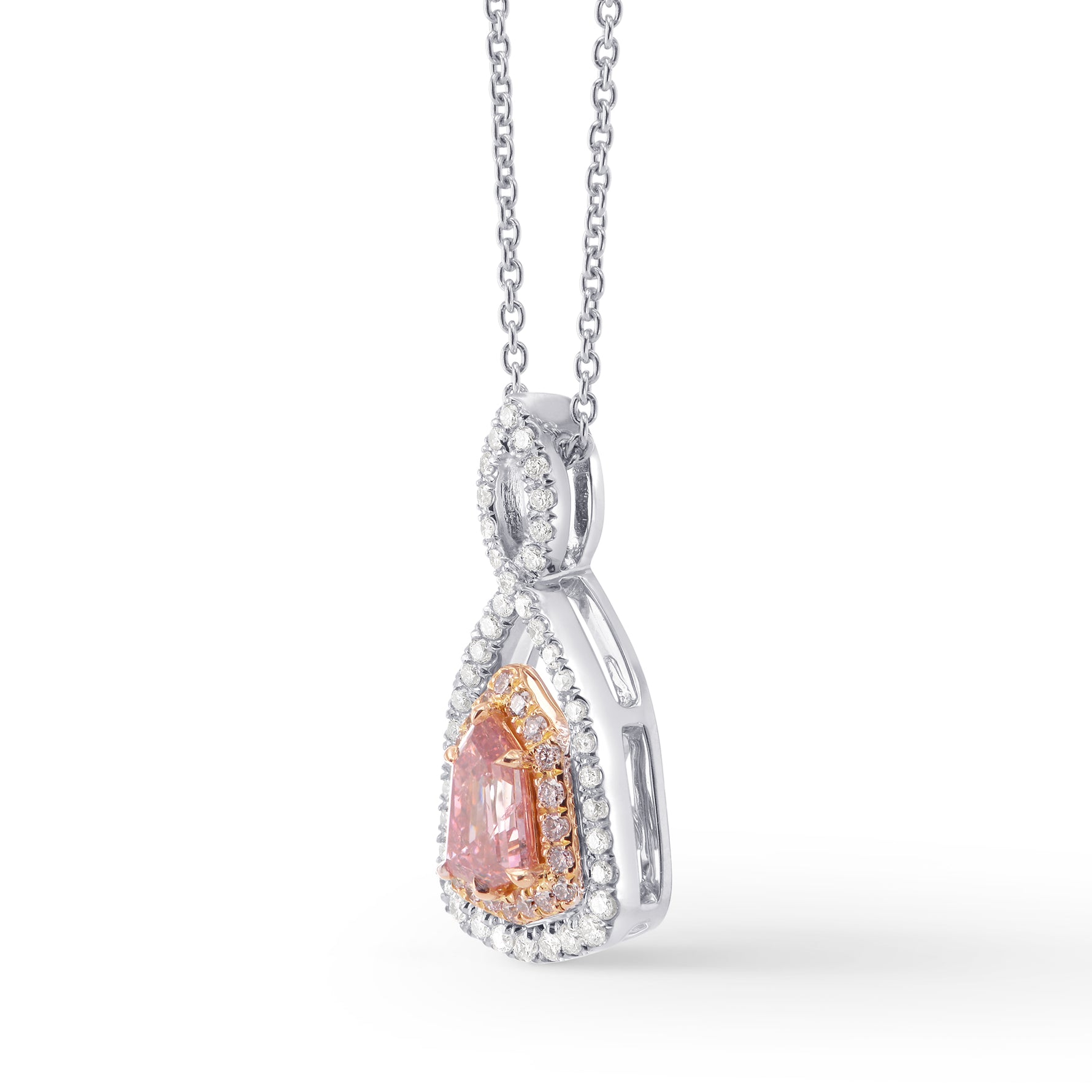 Fancy Intense Pink Kite Shape Diamond, Cross-over Double Halo Pendant 