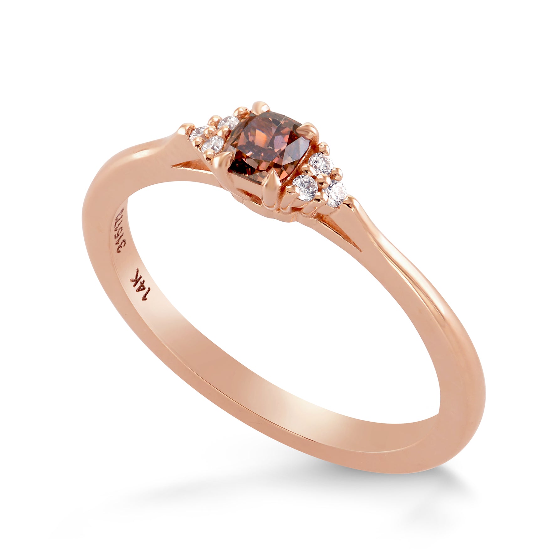 Fancy Deep Brown Pink Cushion Diamond Side Stone Ring