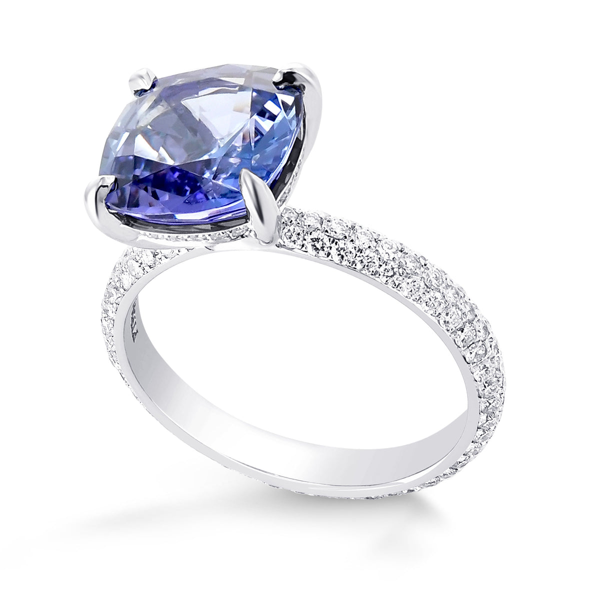 Cushion Violet Tanzanite Ring with Full Pave Diamond Rounded Shank