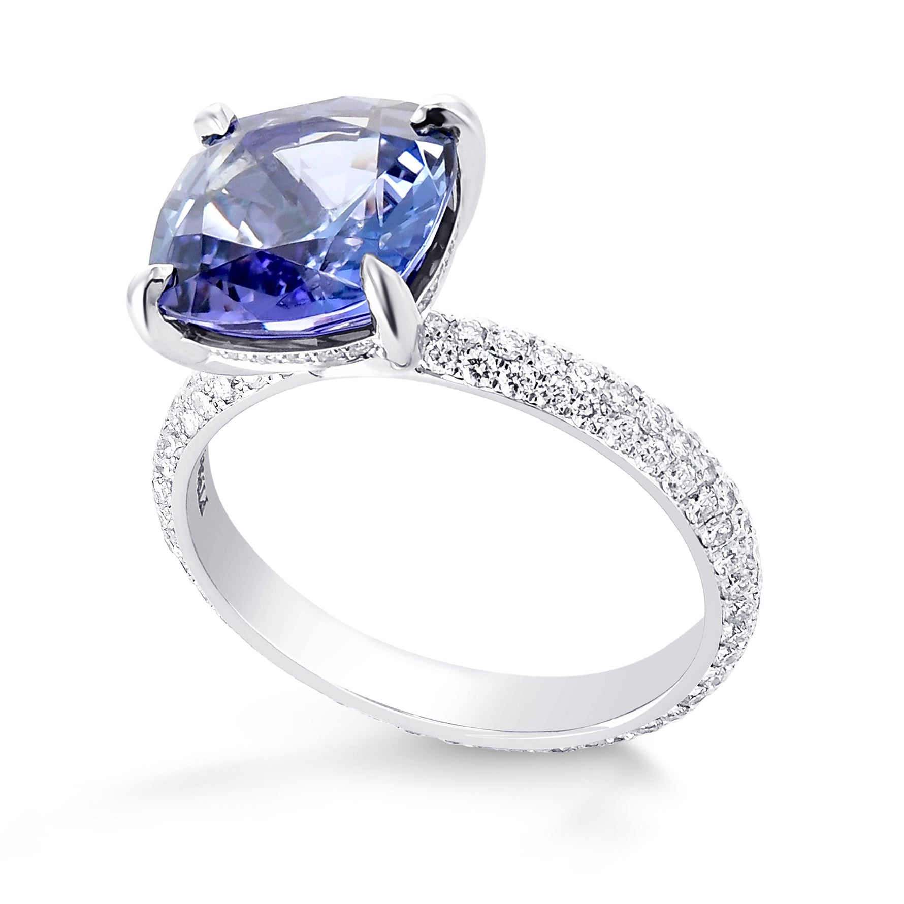 Cushion Violet Tanzanite Ring with Full Pave Diamond Rounded Shank
