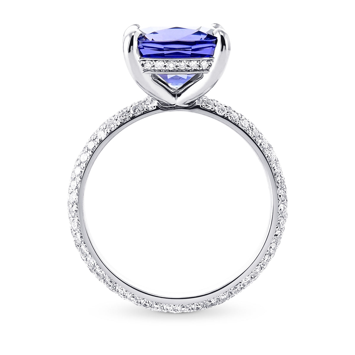 Cushion Violet Tanzanite Ring with Full Pave Diamond Rounded Shank