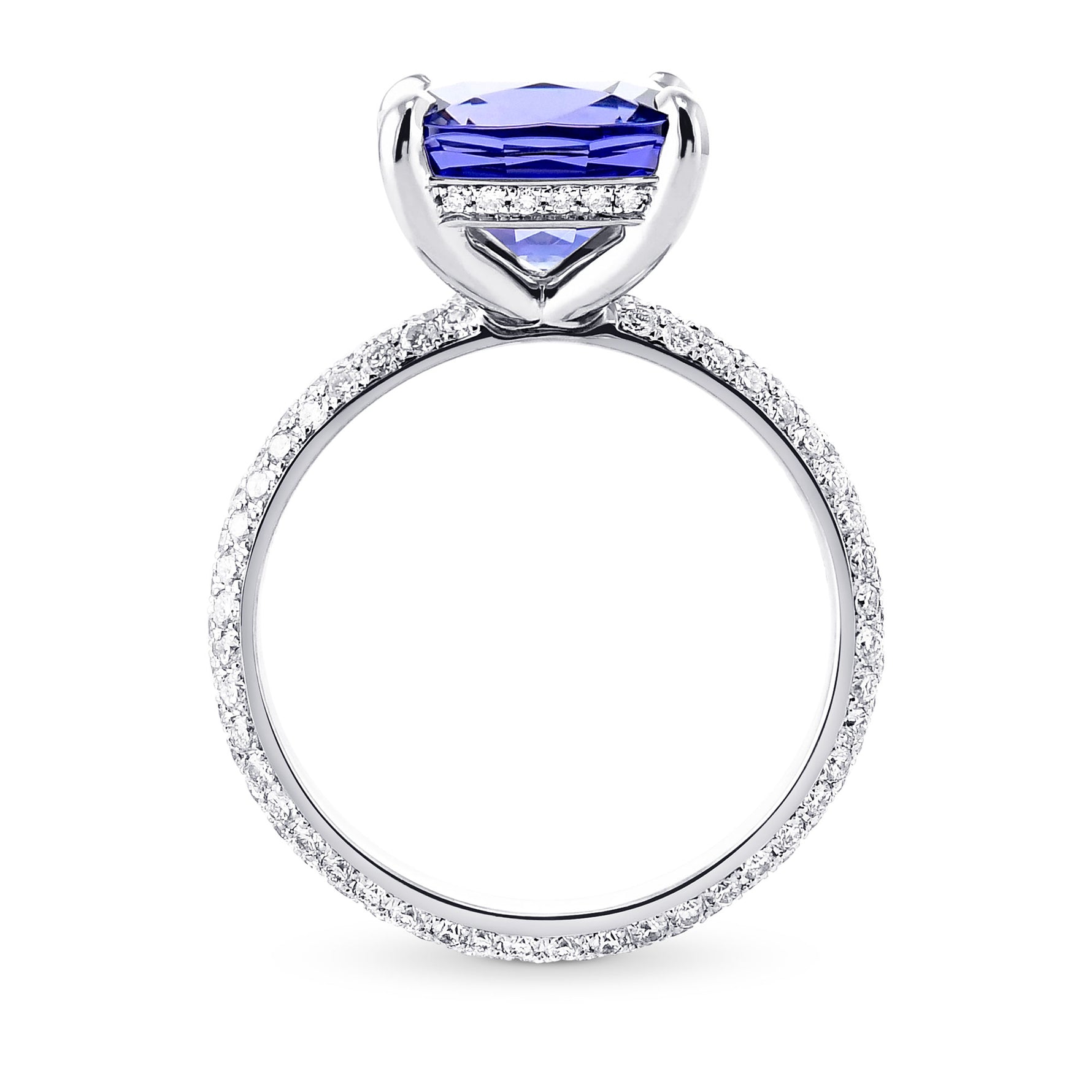 Cushion Violet Tanzanite Ring with Full Pave Diamond Rounded Shank