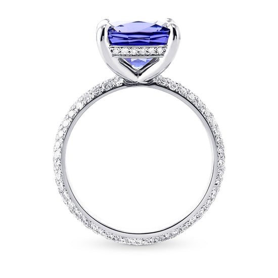 Cushion Violet Tanzanite Ring with Full Pave Diamond Rounded Shank