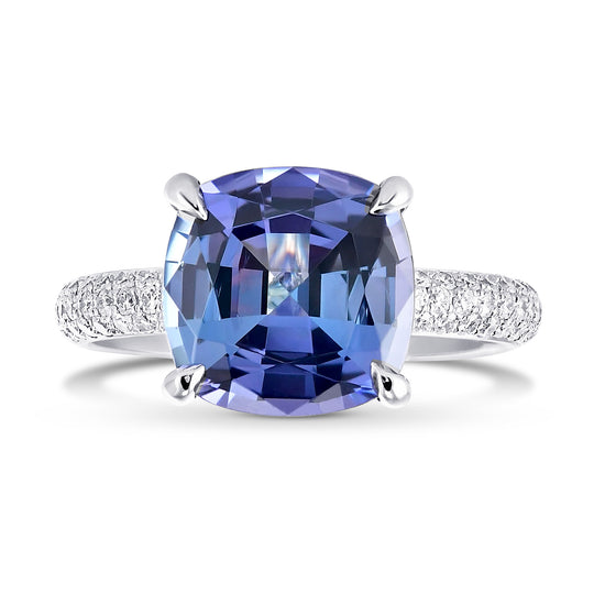 Cushion Violet Tanzanite Ring with Full Pave Diamond Rounded Shank