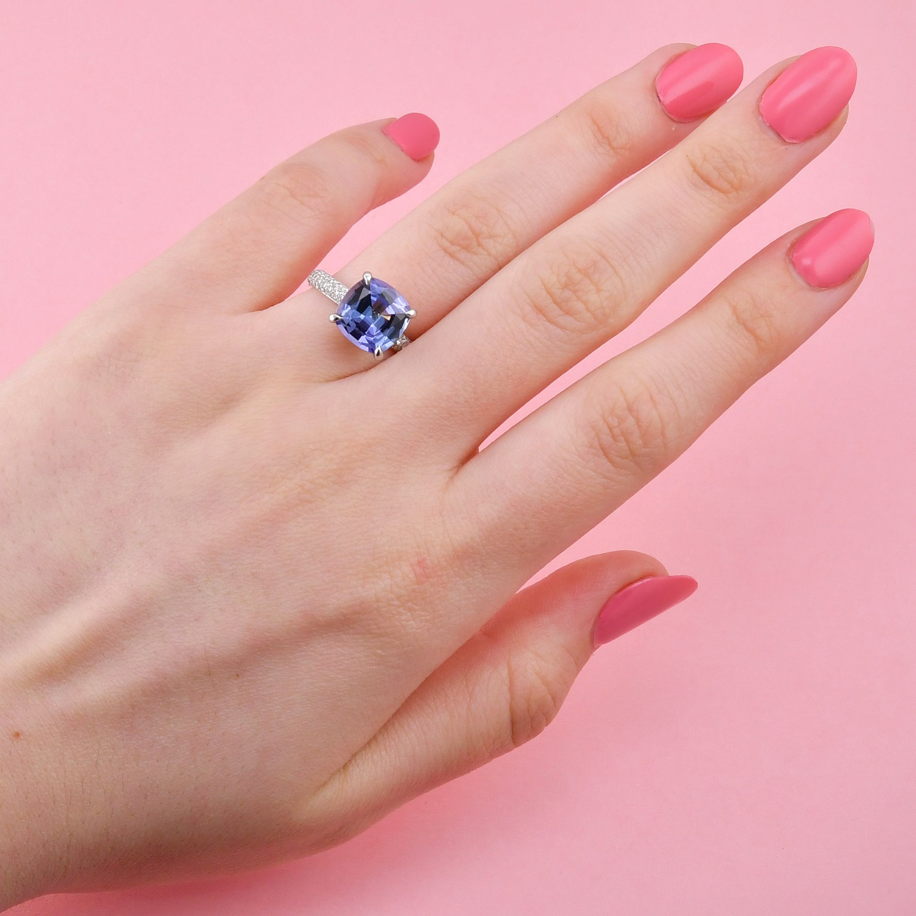 Cushion Violet Tanzanite Ring with Full Pave Diamond Rounded Shank