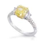 Fancy Yellow Cushion and Trapezoid 3 Stone Diamond Ring