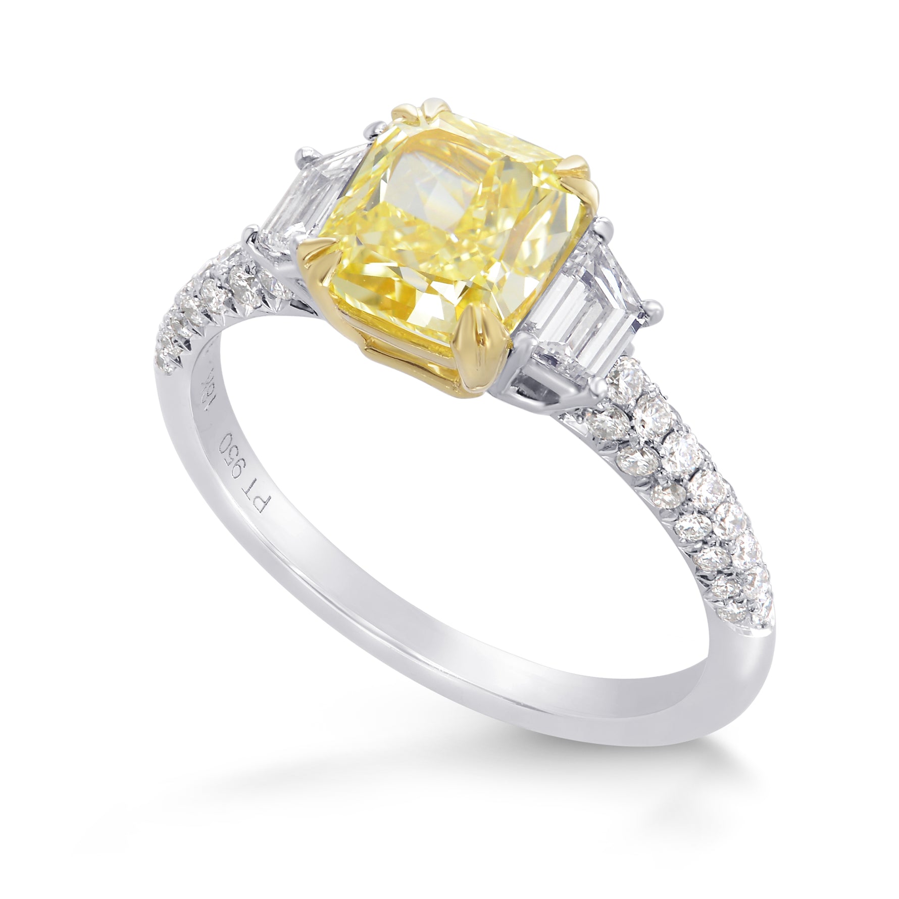 Fancy Yellow Cushion and Trapezoid 3 Stone Diamond Ring