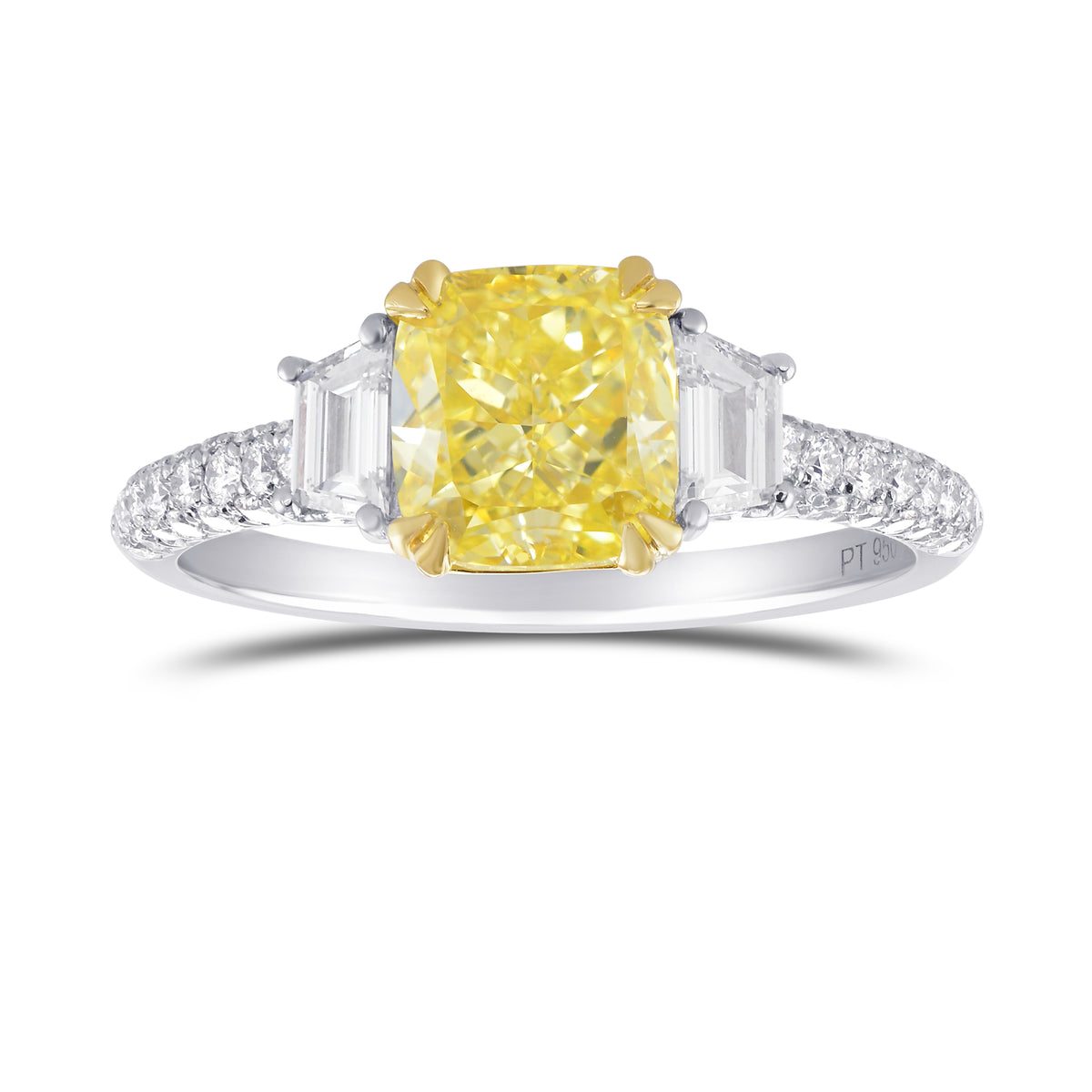 Fancy Yellow Cushion and Trapezoid 3 Stone Diamond Ring