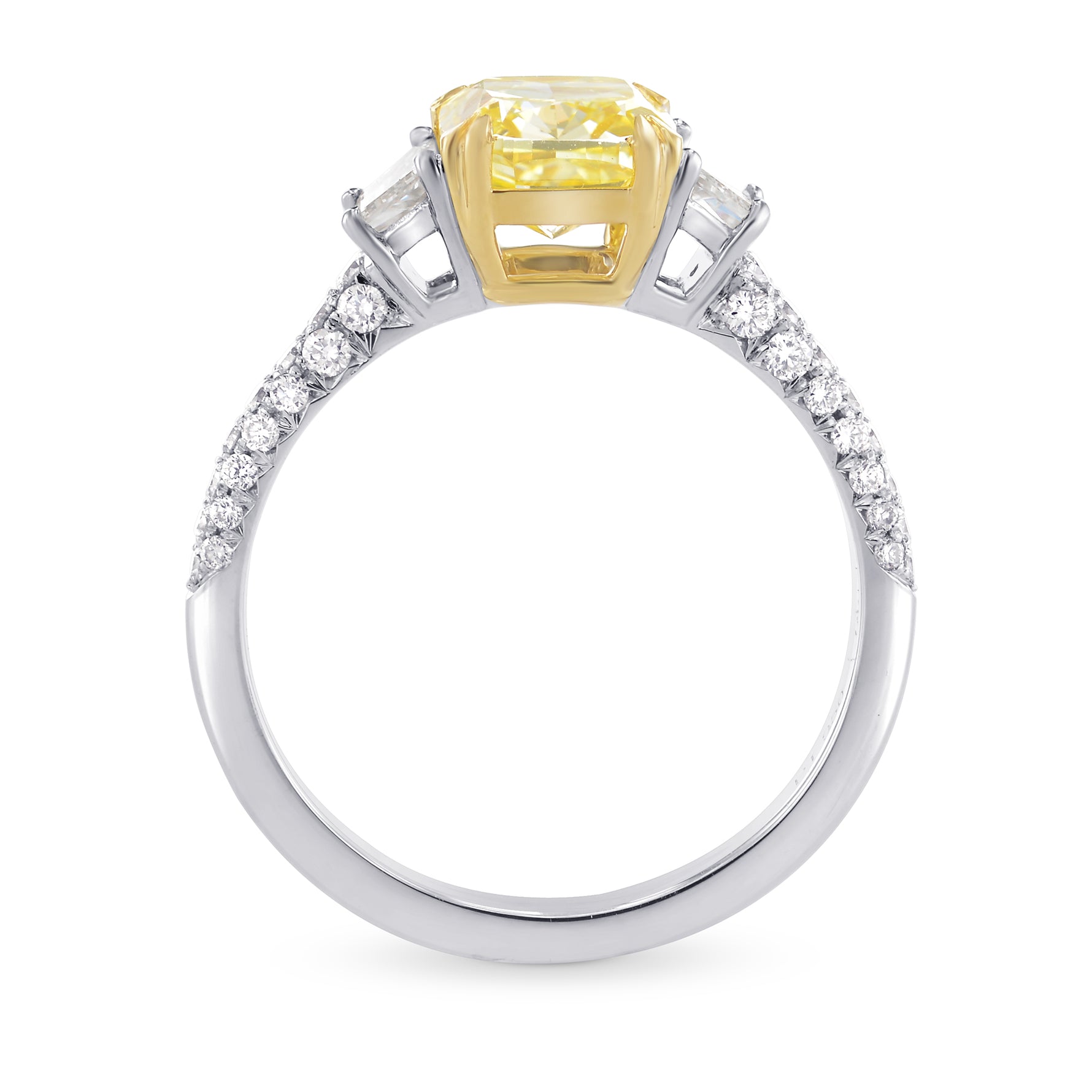 Fancy Yellow Cushion and Trapezoid 3 Stone Diamond Ring