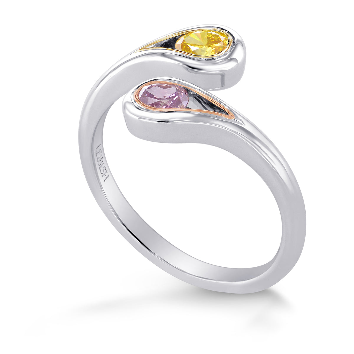 Fancy Brownish Purplish Pink & Vivid Orangy Yellow, Oval Diamond Cross-Over Ring