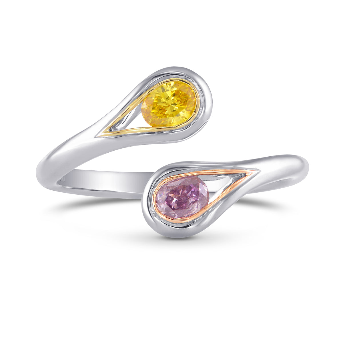 Fancy Brownish Purplish Pink & Vivid Orangy Yellow, Oval Diamond Cross-Over Ring