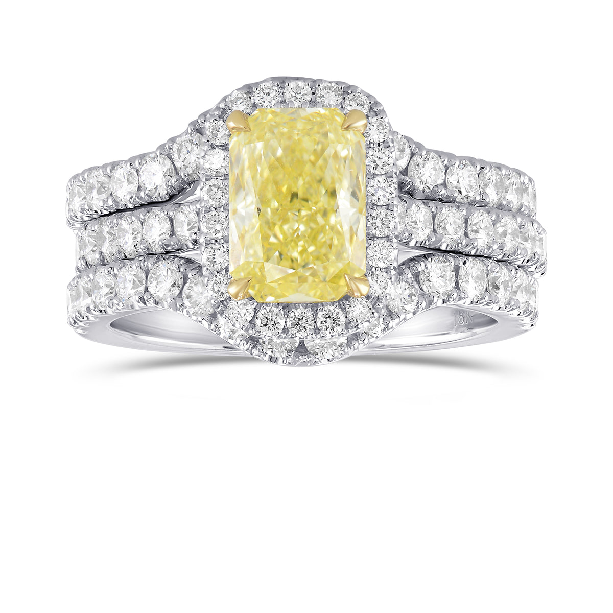 Fancy Light Yellow Radiant Diamond Halo Wedding Ring Set, With Two Matching Wedding Bands