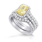 Fancy Light Yellow Radiant Diamond Halo Wedding Ring Set, With Two Matching Wedding Bands