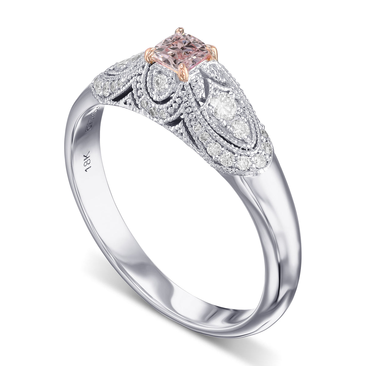 Fancy Orange Pink Cushion Vintage Style Diamond Ring - 3