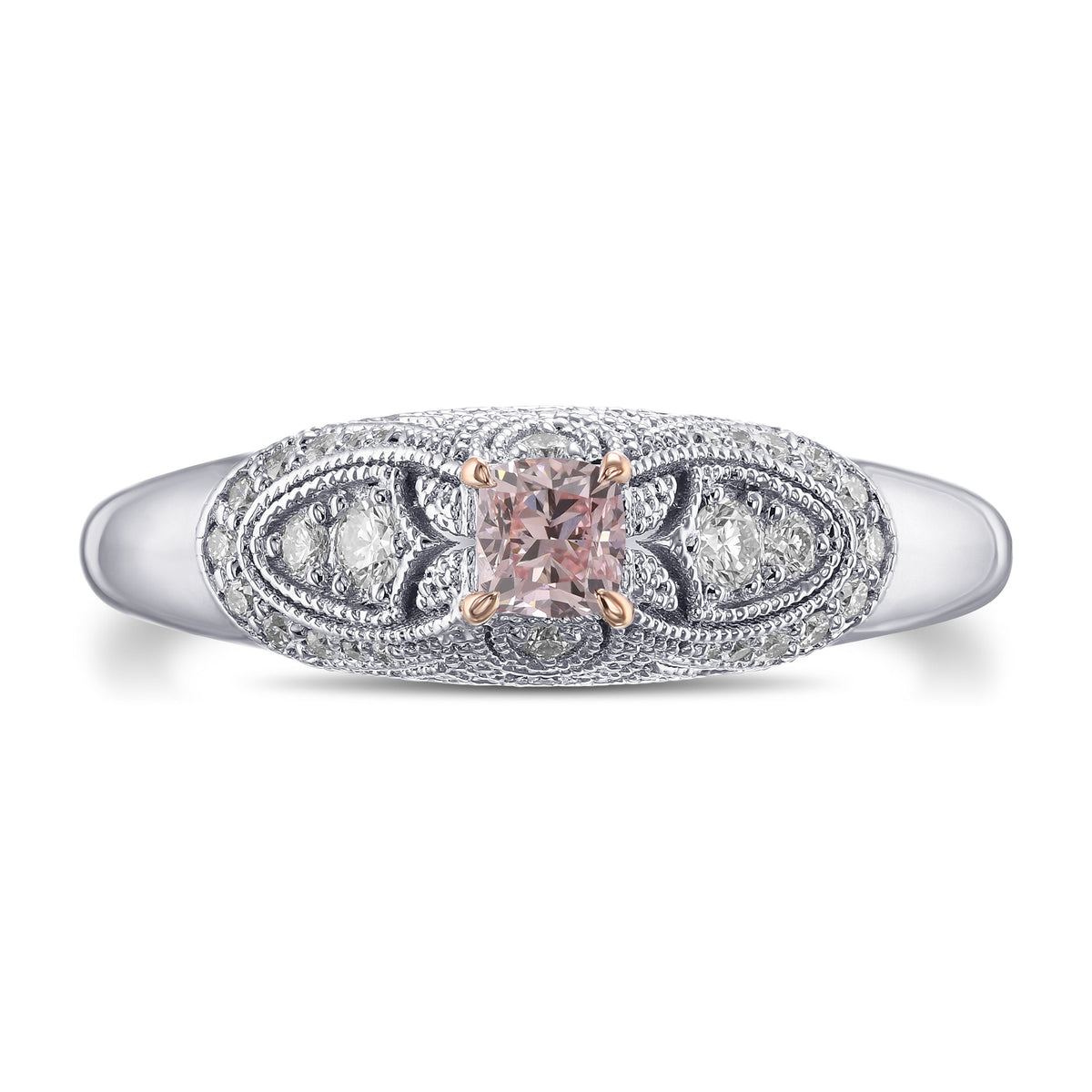 Fancy Orange Pink Cushion Vintage Style Diamond Ring