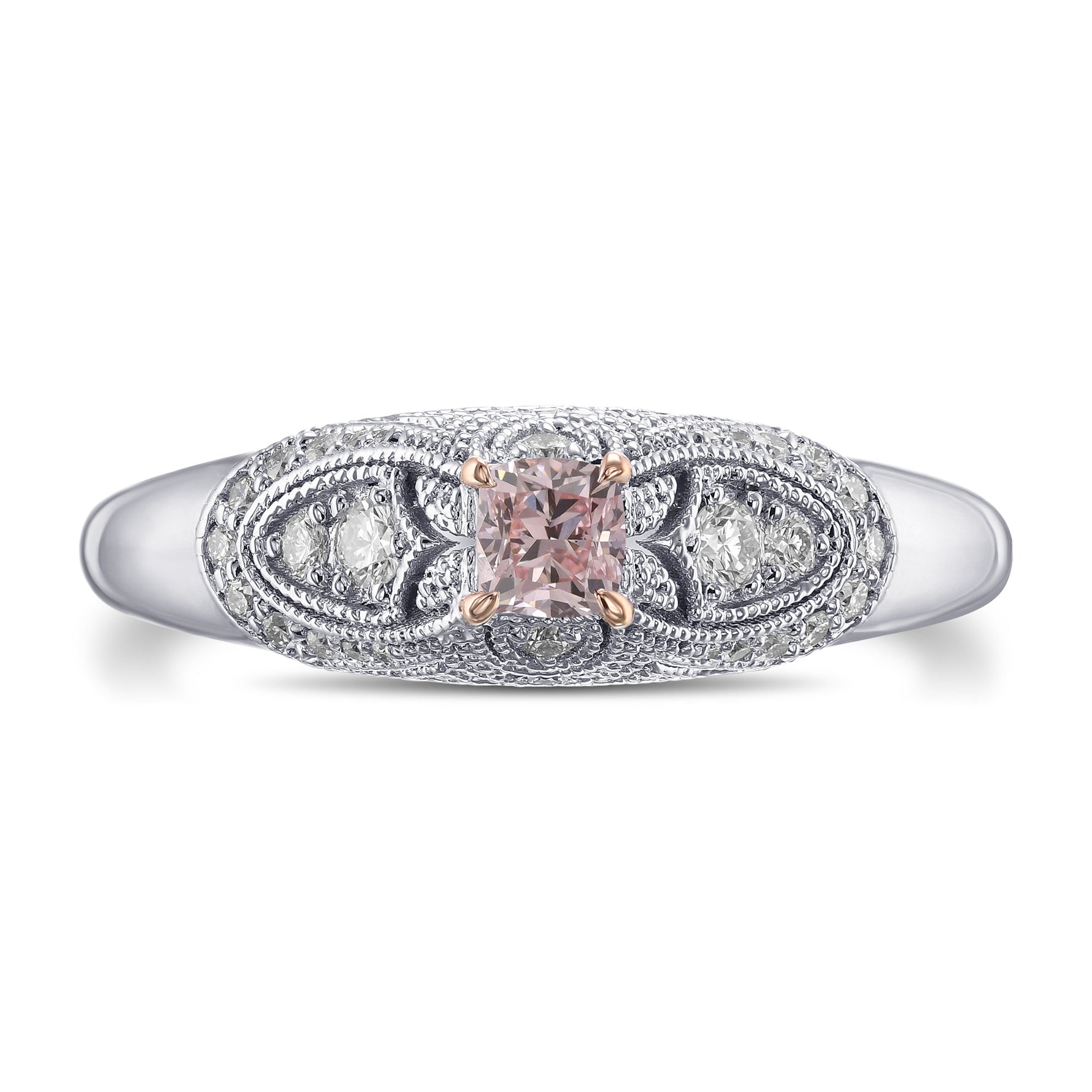 Fancy Orange Pink Cushion Vintage Style Diamond Ring