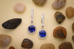 Royal Blue Sapphire, Cushion Drop Halo Earrings
