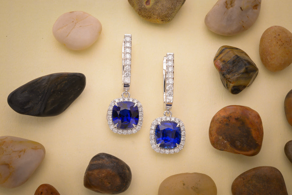 Royal Blue Sapphire, Cushion Drop Halo Earrings
