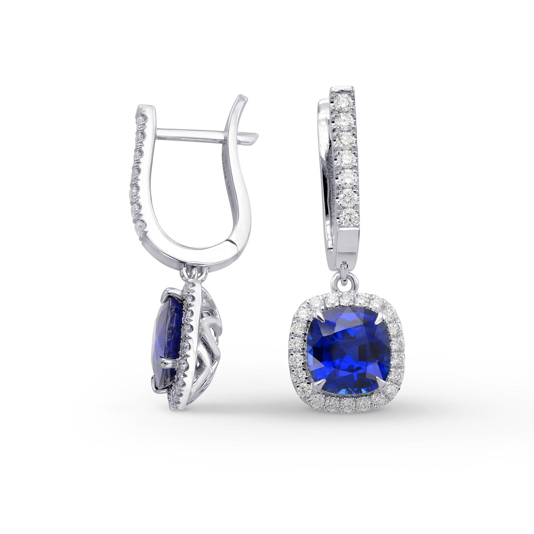 Royal Blue Sapphire, Cushion Drop Halo Earrings