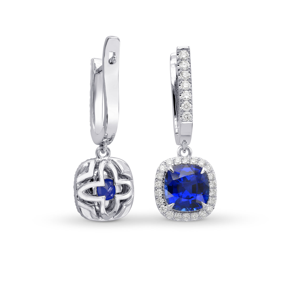 Royal Blue Sapphire, Cushion Drop Halo Earrings