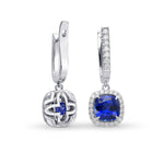 Royal Blue Sapphire, Cushion Drop Halo Earrings