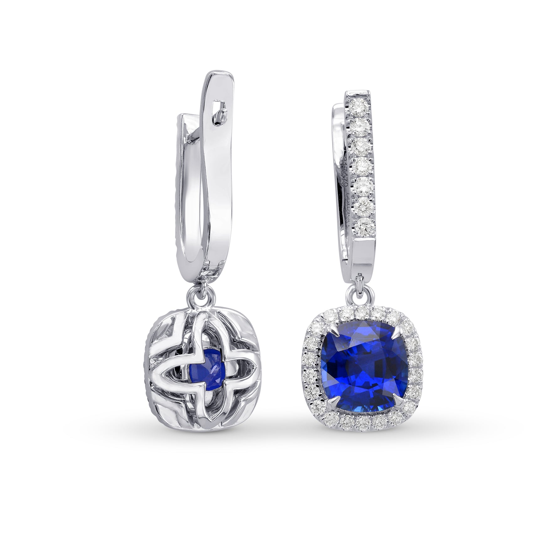 Royal Blue Sapphire, Cushion Drop Halo Earrings