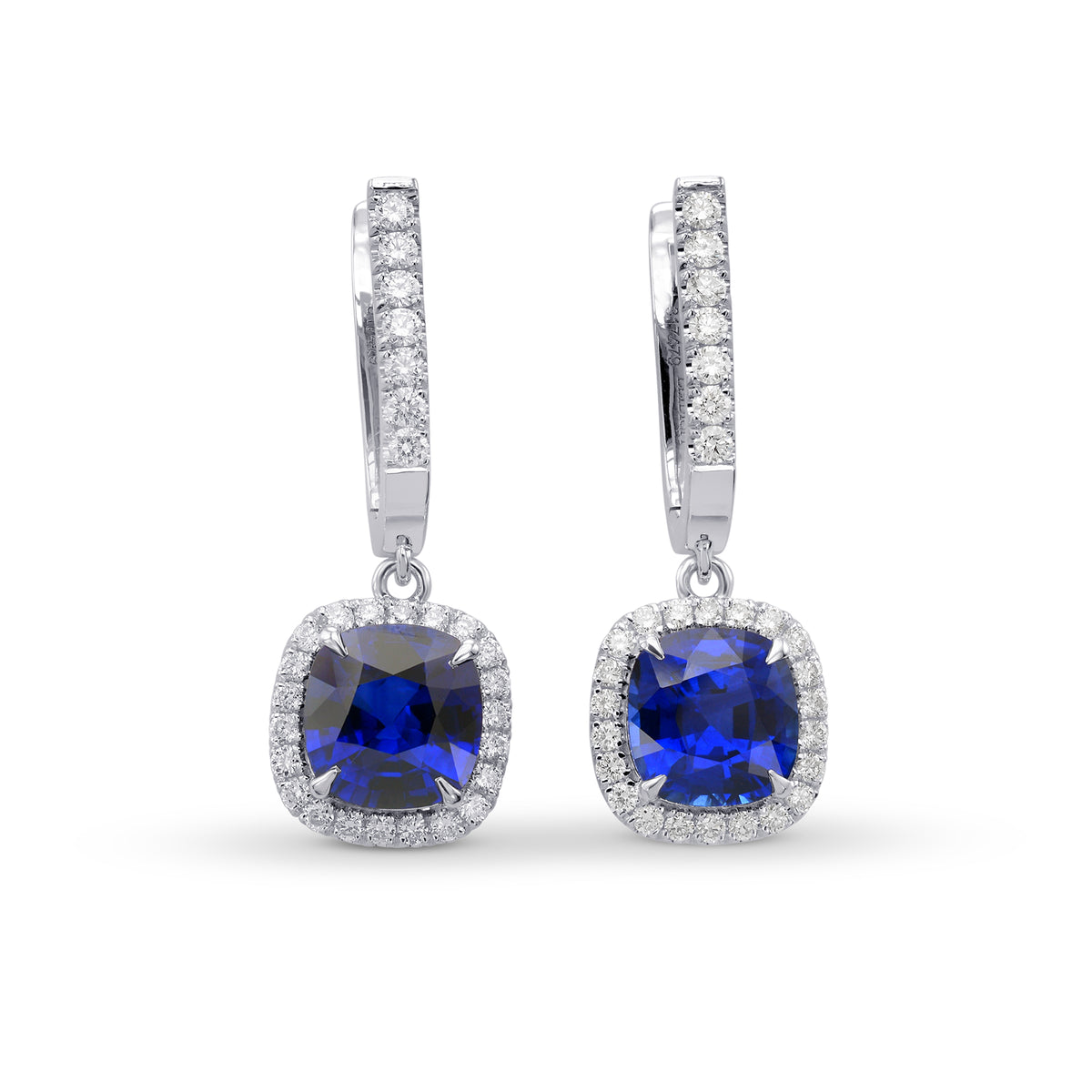 Royal Blue Sapphire, Cushion Drop Halo Earrings